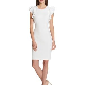 Ivory Scuba Crew Neck Flutter Ruffle Cap Sleeve Sheath Dress 12